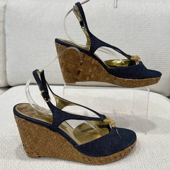 New Nina Denim Wedge Sandals with Braided Straw Wedge Bottoms~Size 7.5 - Picture 3 of 16
